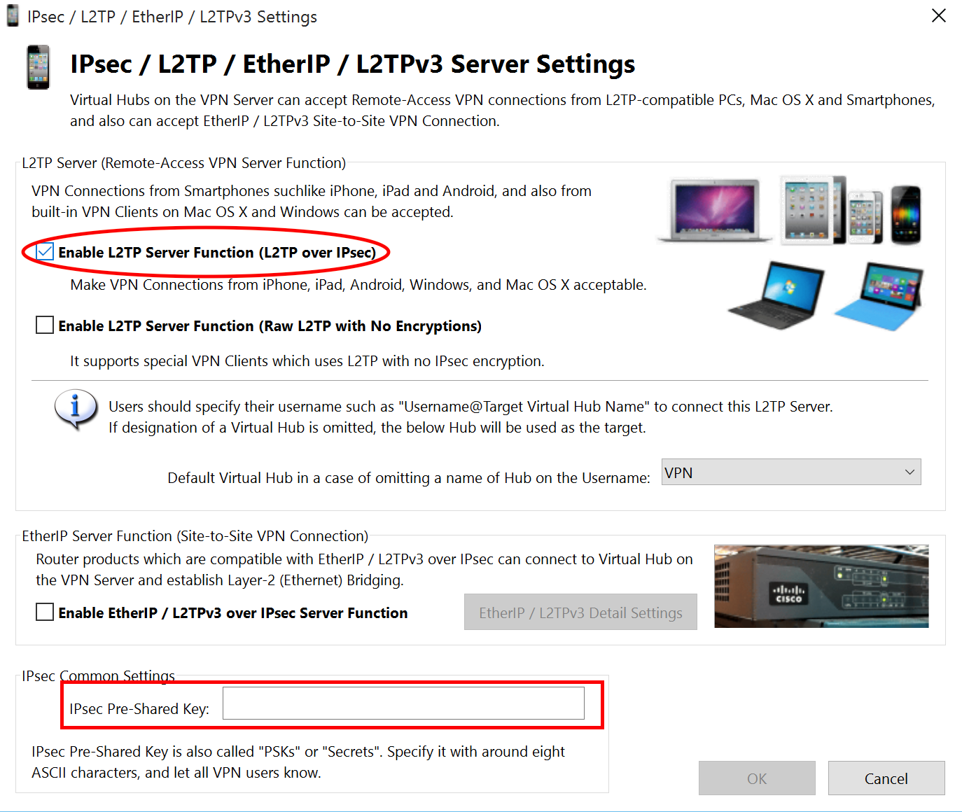 IPsec/L2TP/EtherIP/L2TPv3 Server Settings